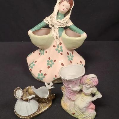 Trio Of Fancy Figurines With Room For Flowers