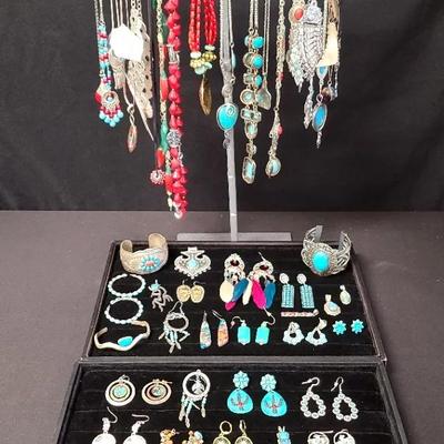 Bold Clash Of Turquoise & Red Costume Jewelry 