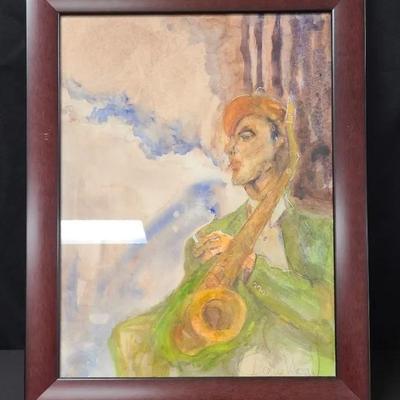 Signed Watercolor Painting Of Jazz Sax Player