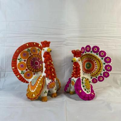 Vintage Russian Dymkovo Clay Turkey Figurines (Pair), Hand-Painted Folk Art, 1988 Labels