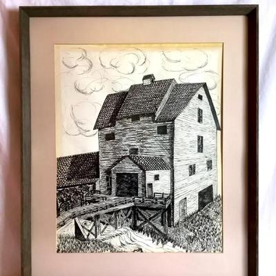 Framed Black & White Architectural Print – Mill / House Scene – Unsigned Local Art
