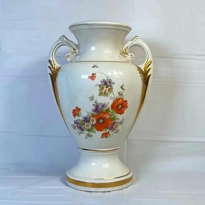 Vintage Floral Porcelain Urn Vase w/ Dual Handles & Gold Gilt – Lamp Base Conversion