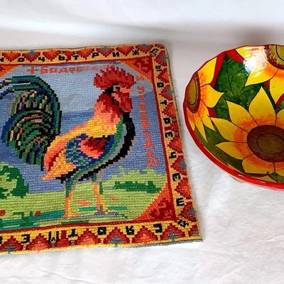 Decorative Folk Art Lot – Painted Bowl and Rooster Textile Wall Art