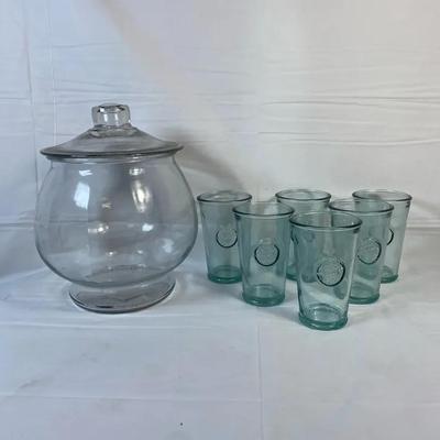Recycled Glass Drinking Glass Set – Pressed Glass, 6 Glasses & Lidded Jar