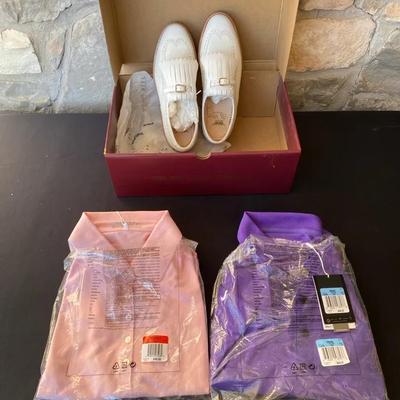 Women's Leather King Step Golf Shoes (Size 8.5) + Nike Golf Shirts (Men's M, Women's L)