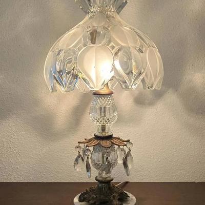 Gorgeous Cut Glass Boudoir Lamp with Prisms and Marble Base