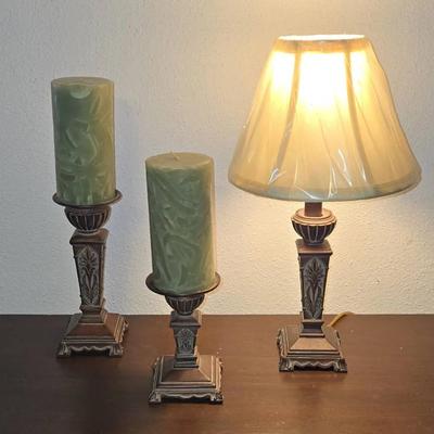 Table Lamp and Matching Ornate Candle Holders 