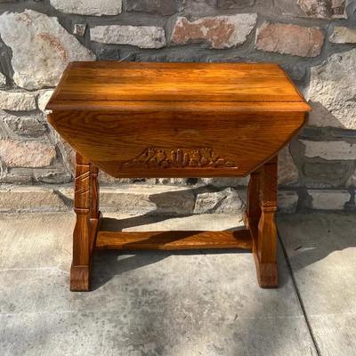 Ranch Oak Drop Leaf Carved End Table