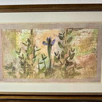 Framed Mixed-Media Iris & Botanical Over Script Print 