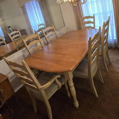 Farmhouse Dining Table Set w/ Six Ladderback Chairs. 