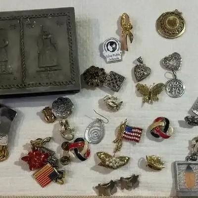 Collectible pins, buckle and a metal medieval looking box