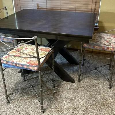 Dark Stained Wood Veneer Dining Table (42”x54”x3’H) 3 Chairs(19”x18”x40”H)