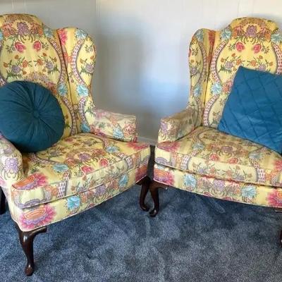 Pair of Floral Wingback Accent Chairs (32”Wx23”Dx45”H)