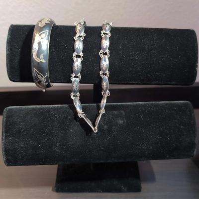 Vintage Siam Sterling Silver Niello Choker And Bracelet with Black Niello Inlay 13 ", Tw 19 g