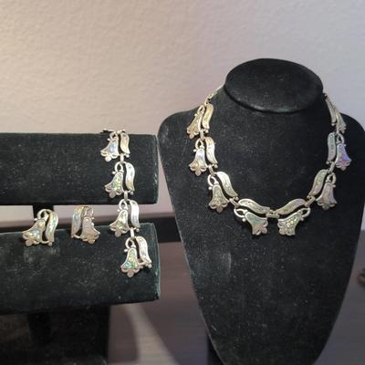 Vintage Taxco Mexico Sterling Silver Abalone Jewelry Set
