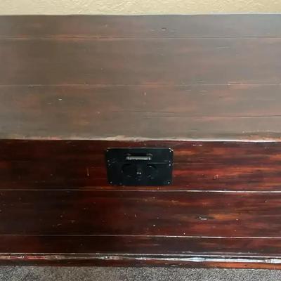 Solid hardwood storage chest, likely sheesham (Indian rosewood), with iron latch hardware