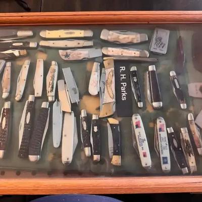 Pocket Knife Collection with Wood Display Case