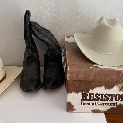 2 Size 7 1/4 Leather Cowboy Hats (Justin & Resistol) and Men’s Size 11 Cowboy Boots