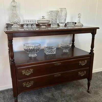 Ethan Allen Tea Cart(40”Wx 20”Dx 34”H) with Glass Canister, Candle Holders, Vases, Candy Dishes