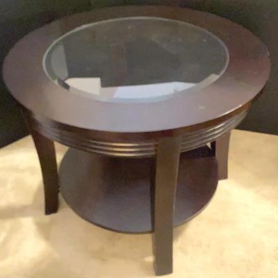 Round Wooden Table with Glass Top and Dark Finish