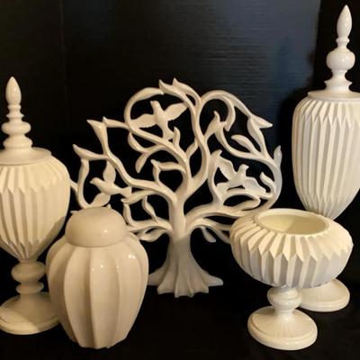 White Decorative Bird Tree Sculpture with Vases and Urns