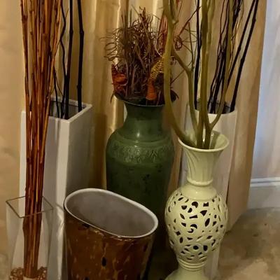 Large Ceramic and Glass Vase Group with Faux Botanical Accents