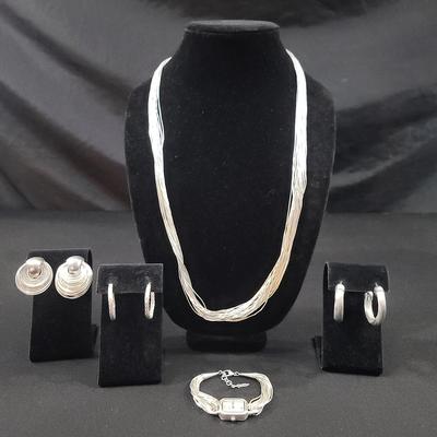 Sterling And Silver Tone Necklace, Watch And Earrings 