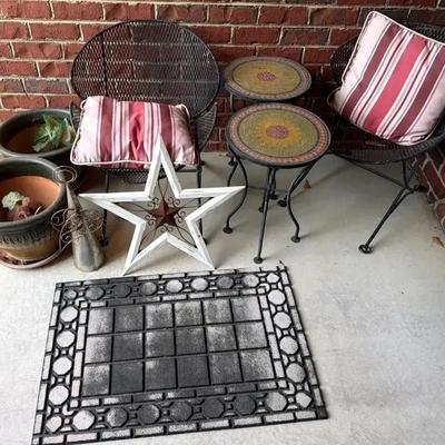 Wrought Iron Patio Chairs with Mosaic Tables & Planters