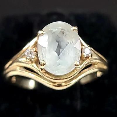 14K Gold Diamond Accent Blue-Tinted Gemstone Ring, Size 6½