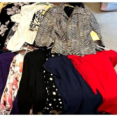 Women’s Pants, Shirts, Skirts & Dresses with Storage Totes, Sizes Small–Medium