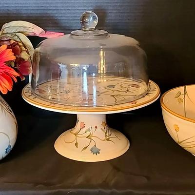 Stoneware Bowl, Pitcher, and Cake Plate Set