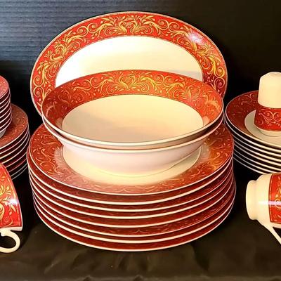 Chris Madden Red & Gold Pattern China Set, 40+ Pieces