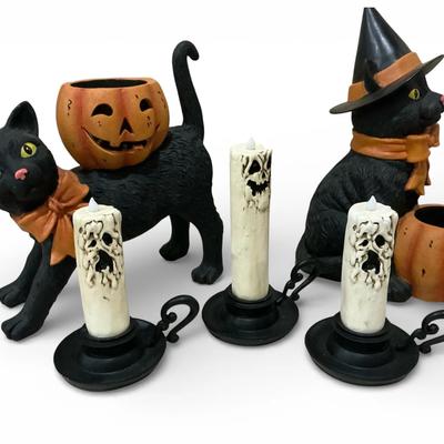 Halloween Scary Cats With Spooky Candlesticks 