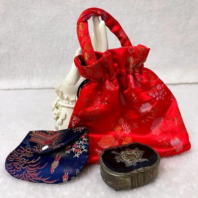 Occupied Japan Trinket Box and Silk Jewelry Bags