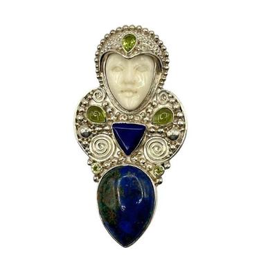 Sajen Carved Bone Lapis Pendant