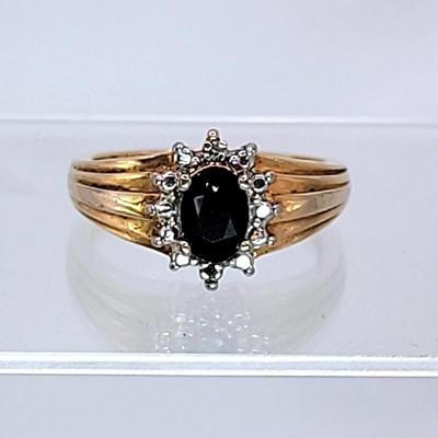 Gilt Sterling Dark Blue Sapphire With Diamond Accents Ring