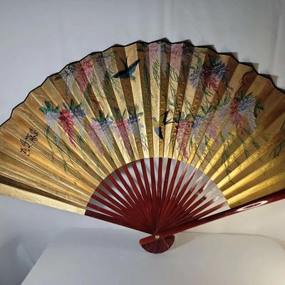 Vintage Oriental Hand Painted Gold Fan Wall Decor