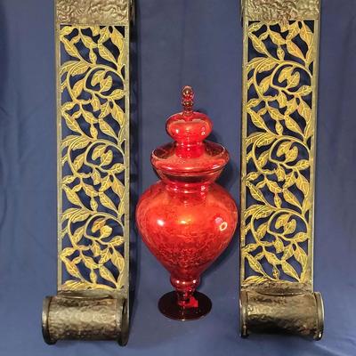 Metal Wall Candleholders And Red Mercury Glass Apothecary Jar. 