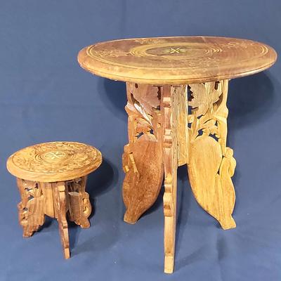 Vintage Indian Hand Carved Inlaid Folding Tables