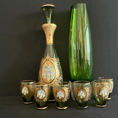 Bohemian Glass Decanter Set And Flower Vase