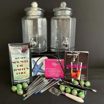 Two Glass Soleil Beverage Dispensers And Barware Assecories 