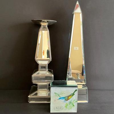 Mirrored Candle Holder, Mirrored Obelisk And Mirrored Box