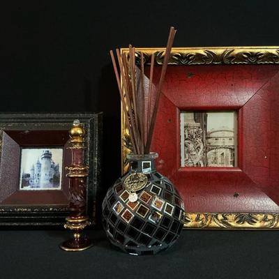 Red Framed Prints Glass Squares Vase And Perfume Bottle 
