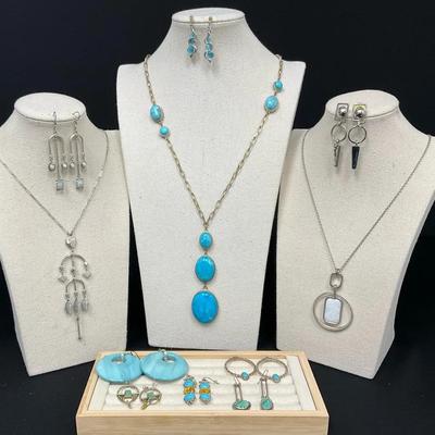 Blue & Green Turquoise With Silver Tone Jewelry 