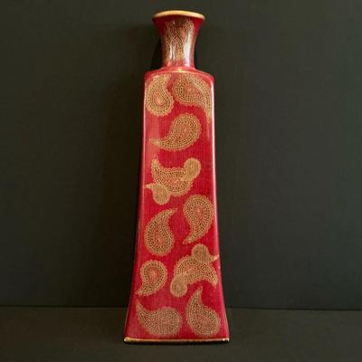 Red Ceramic Vase With Gold Paisley Pattern 