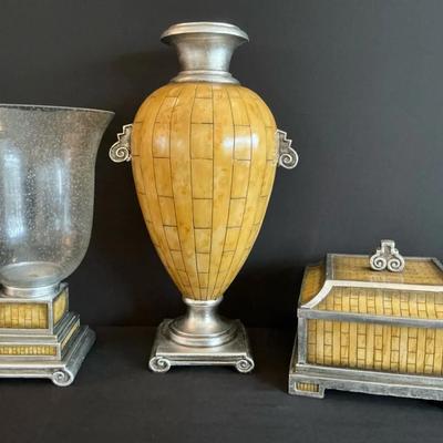 MCM Tessellated Bone And Metal Jewelry Box, Large Vase And Hurricane Lamp 