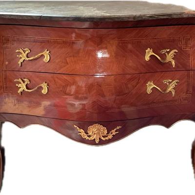French Marble Top With Inlay Wood Chest Of Drawers