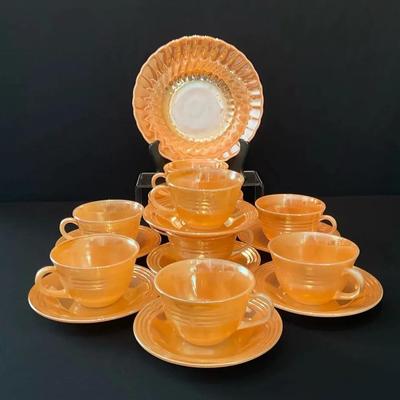 Vintage Fire King Peach Lustre Bowl, Cups & Saucers