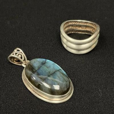 Sterling Silver Ring And Pendant With Blue Stone