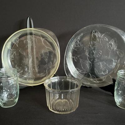 3 Kerr Fruit Embossed Canning Jars, 2 Sears Roebuck Glass Pie Plates